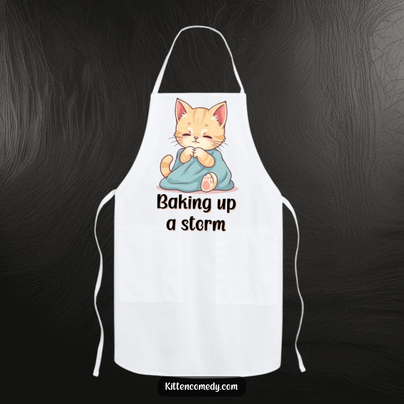 Funny apron showing a kitten playfully kneading fabric. Ideal for cooking, baking, or crafting with a touch of comfort.