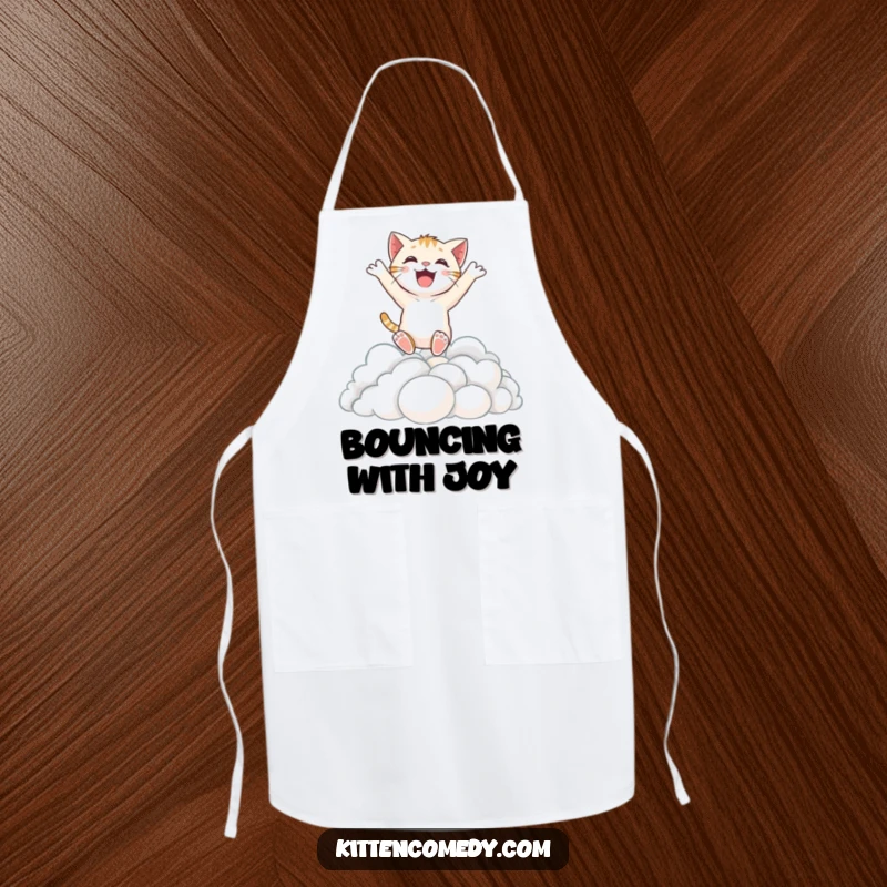 Funny apron featuring an excited kitten character leaping into a cloud, adding a playful and joyful touch to kitchen tasks.