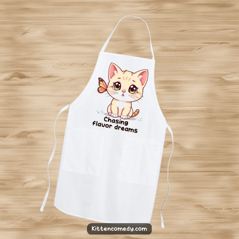 Funny Kawaii Kitten Apron: A charming apron with a wide-eyed kitten observing a butterfly, bringing joy to the kitchen.