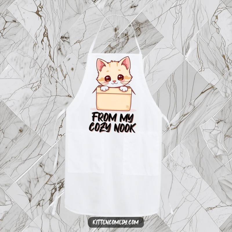 Funny kawaii kitten peeking from a cozy box, featured on this practical and humorous kitchen apron.