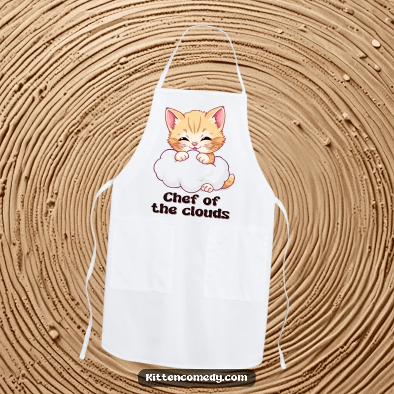 Funny cheerful kitten apron, playfully wrestling a fluffy cloud while cooking, adding joy to kitchen tasks.
