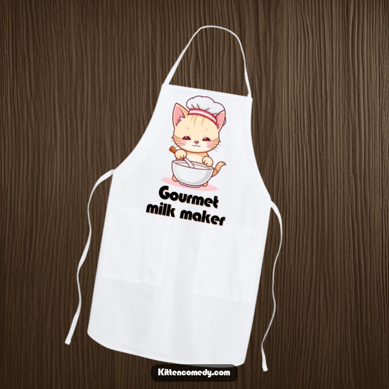 Funny chef kitten apron, a cute cat wearing a chef hat stirring milk, protecting clothing with humor and style in the kitchen.