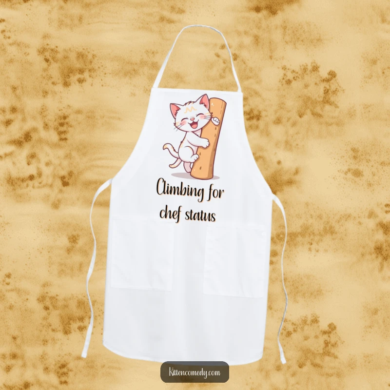 Funny apron showing a kitten gleefully climbing a scratching post. Ideal for cooking, baking, or crafting with a smile.