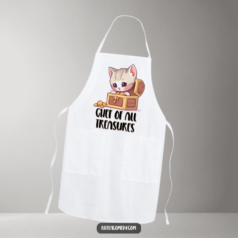 Funny curious kitten apron, peering into a treasure chest while cooking, bringing humor and discovery to the kitchen.