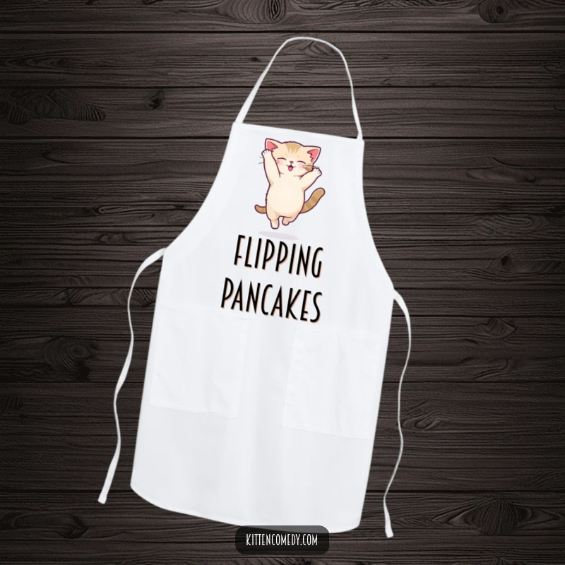 Funny kawaii kitten apron depicting a cat performing a silly acrobatic flip with perfect form.