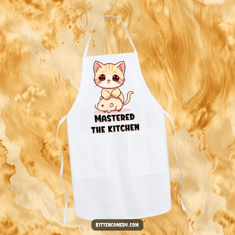 Funny Kawaii Kitten Apron: A kitchen apron with a playful kitten using a toy mouse as a fun accessory.