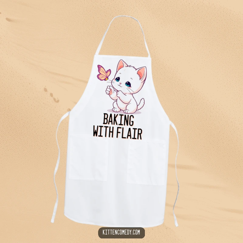 Funny Kawaii Kitten Apron: A cute kitten gently batting at a butterfly adds a touch of sweet humor to kitchen tasks.