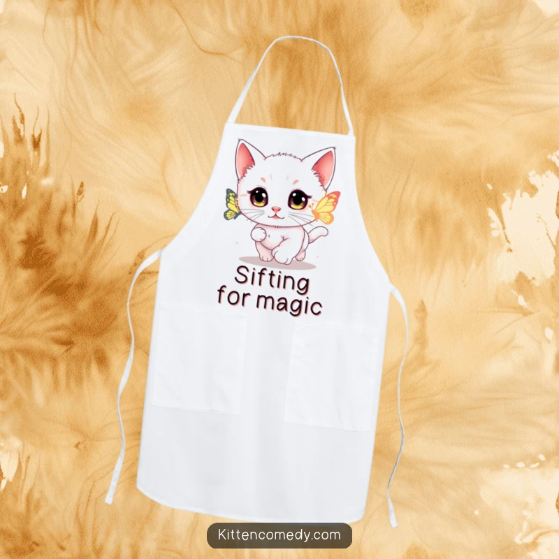 Funny kawaii kitten apron showing a wide-eyed cat chasing a glowing butterfly.