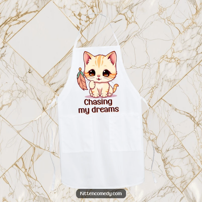 Funny Kawaii Kitten Apron: A cute kitten's playful batting at a feather toy adds a humorous touch to kitchen duties.
