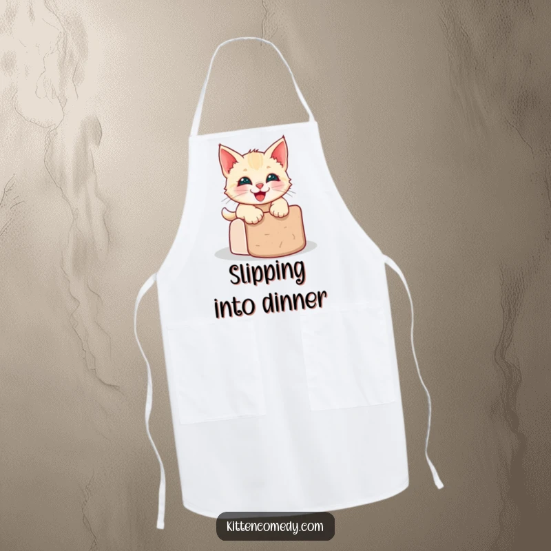 Funny kawaii kitten apron depicting a grinning cat joyfully sliding down a scratching post.