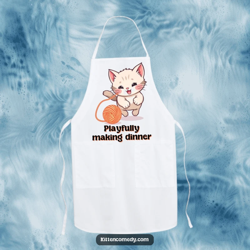 Funny Kawaii Kitten Apron: A kitten playfully chasing a yarn ball while wearing an apron, perfect for kitchen humor.