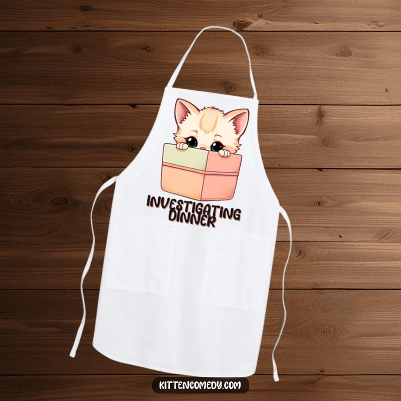 Funny Kitten Gift Box Apron: A curious kitten peeking into a bright gift box, a humorous kitchen accessory.
