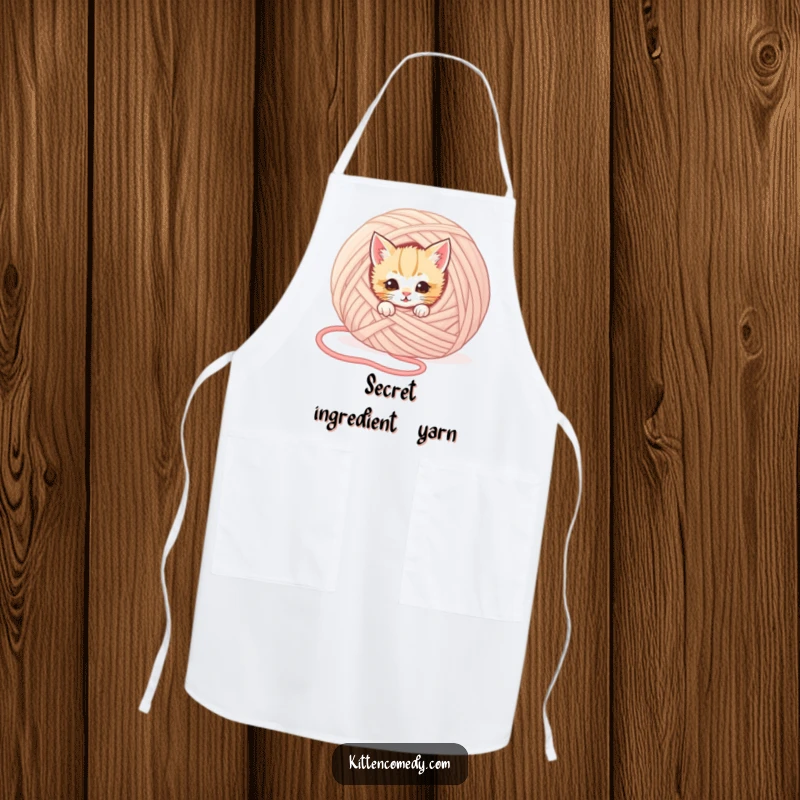 Funny kitten apron depicting a mischievous kitten peeking from behind a giant yarn ball, perfect for adding humor to cooking.