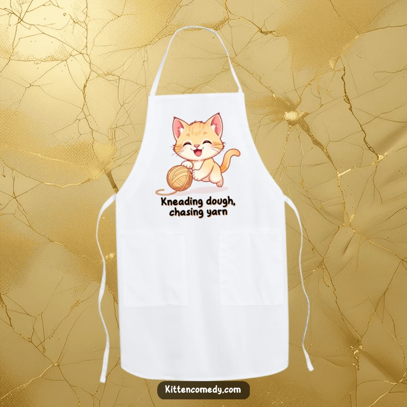 Funny happy kitten chasing a bouncing yarn ball, a funny apron for kitchen fun and gifts.