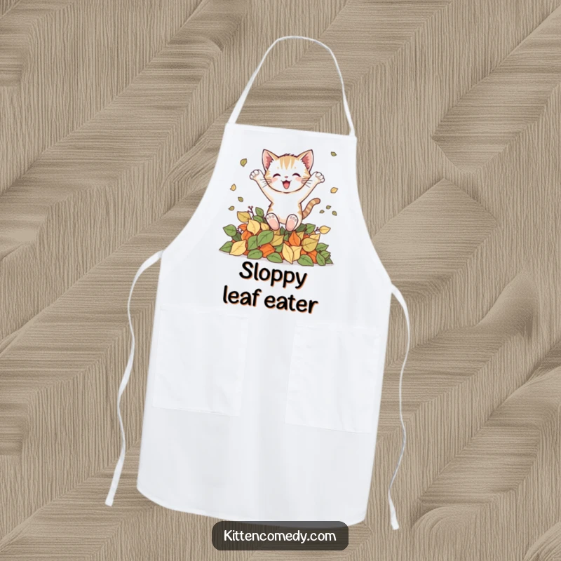 Funny kitten apron illustrating a cat joyfully leaping into a pile of autumn leaves, bringing humor to the kitchen.