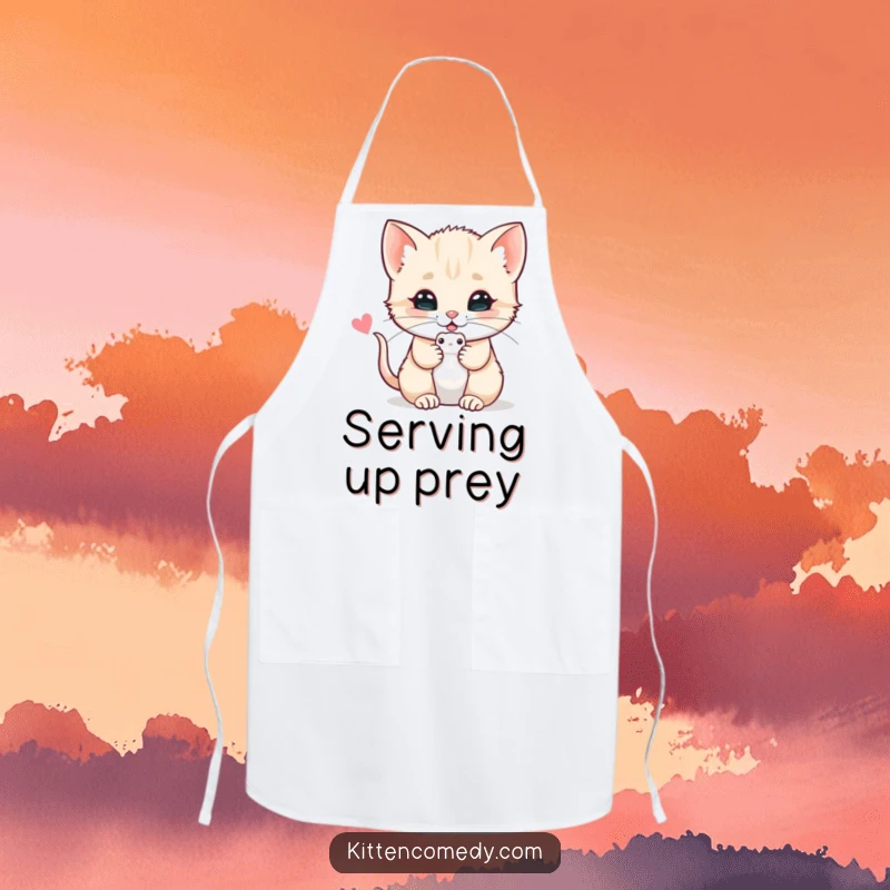 Funny cooking apron featuring a kitten offering a toy mouse with a purr, perfect for adding charm to culinary adventures.