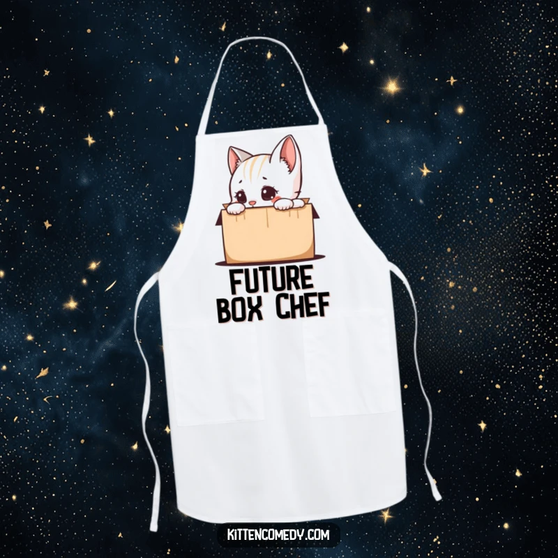 Funny kitten peeking curiously from a box, featured on a durable apron, making cooking a delightful and humorous experience as a funny gift.