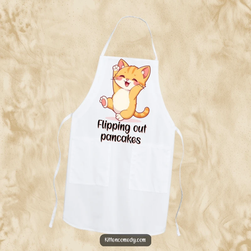 Funny Kitten Somersault Apron: A joyful kitten doing a happy somersault with its tail up, a humorous kitchen accessory.