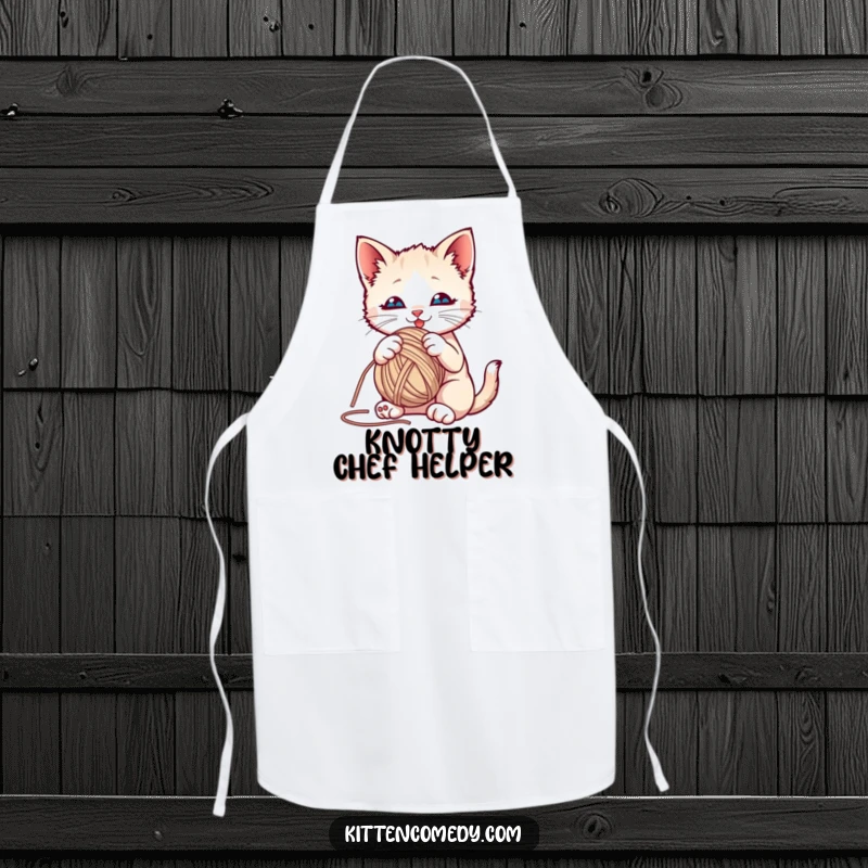 Funny kitten playfully batting at a yarn ball on a kitchen apron, bringing feline fun to cooking and baking.