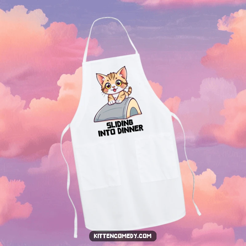 Funny sliding kitten apron, a kitten with wide eyes sliding down a ramp, adding humor and protection to kitchen activities.