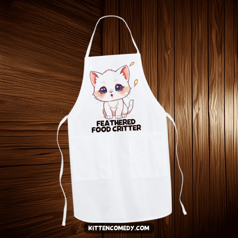 Funny apron showing a kitten with a surprised expression as a feather falls. Ideal for cooking, baking, or crafting with a chuckle.