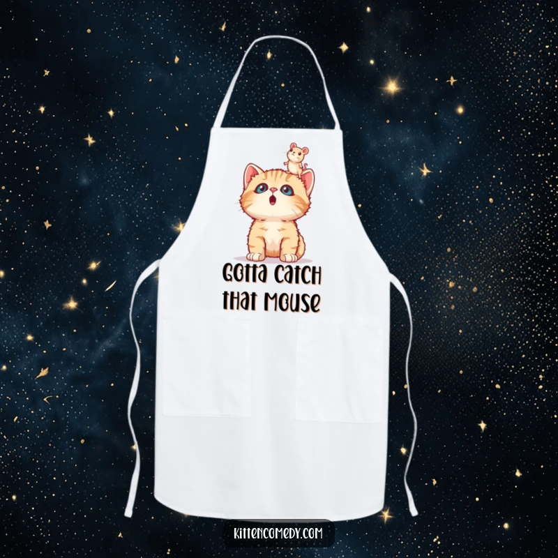 Funny surprised kitten apron, looking up in shock at a toy mouse while cooking, bringing humor to the kitchen.