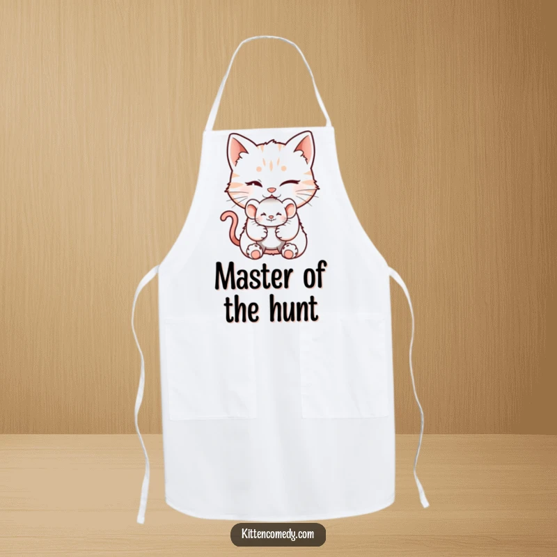 Funny apron with a winking kitten character offering a tiny mouse toy, embodying mischievous fun for the kitchen.