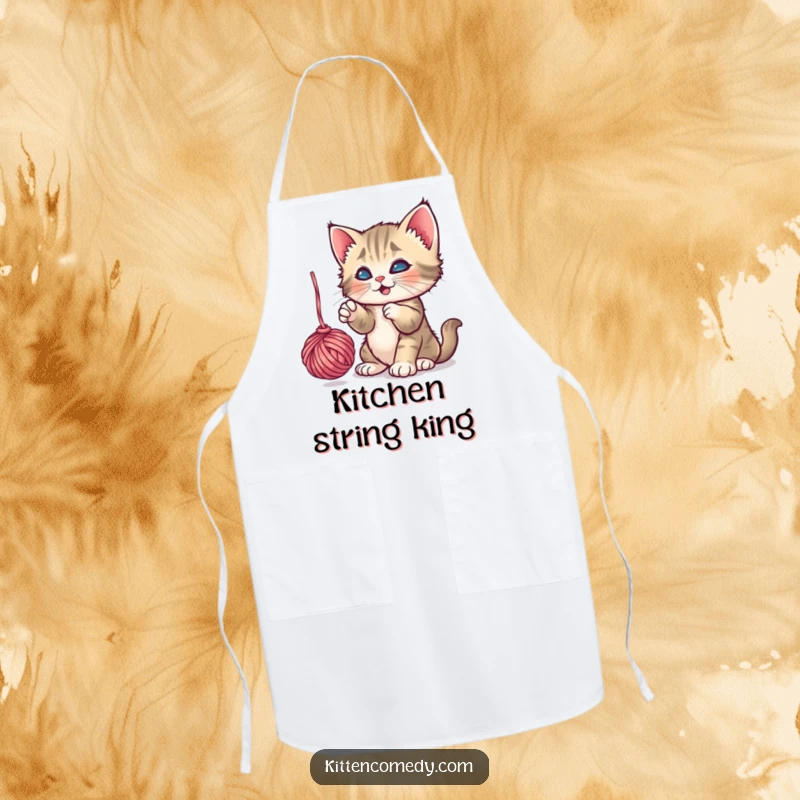 Funny Playful Kitten Yarn Apron: A kitten happily batting a dangling ball of yarn, a funny gift for chefs.