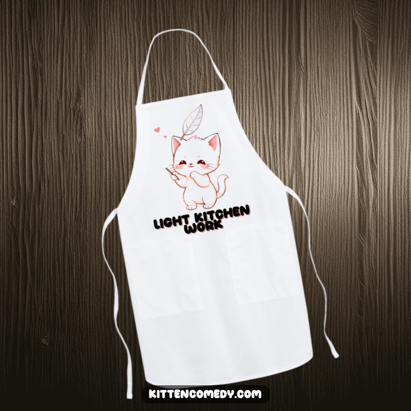 Funny kawaii kitten apron, happily batting at a feather, a cute and charming addition to kitchen wear.