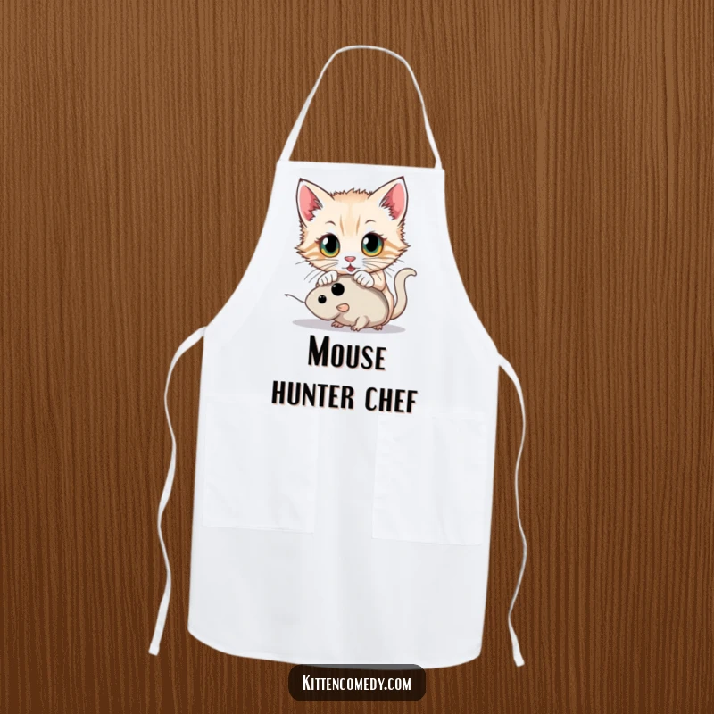 Funny kitten with wide eyes pouncing on a toy mouse on a kitchen apron, bringing playful hunting fun to cooking.