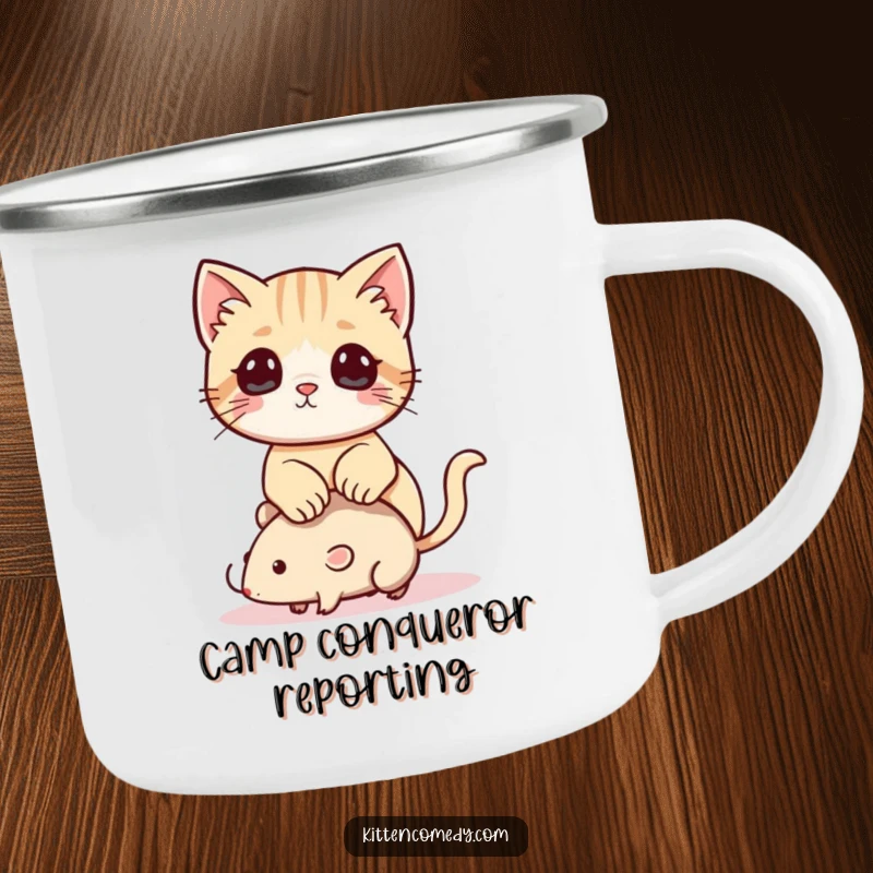 Funny Kawaii Kitten Camping Mug: A durable mug with a playful kitten perched triumphantly on a toy mouse.