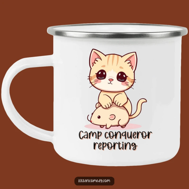 Adventure Funny Kawaii Kitten Camping Mug: Playful Cat, Toy Mouse Views, Gift!