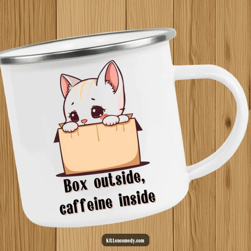 Funny kitten peering curiously into a box, designed for a rugged camping mug, perfect for outdoor enthusiasts seeking humor and fun.