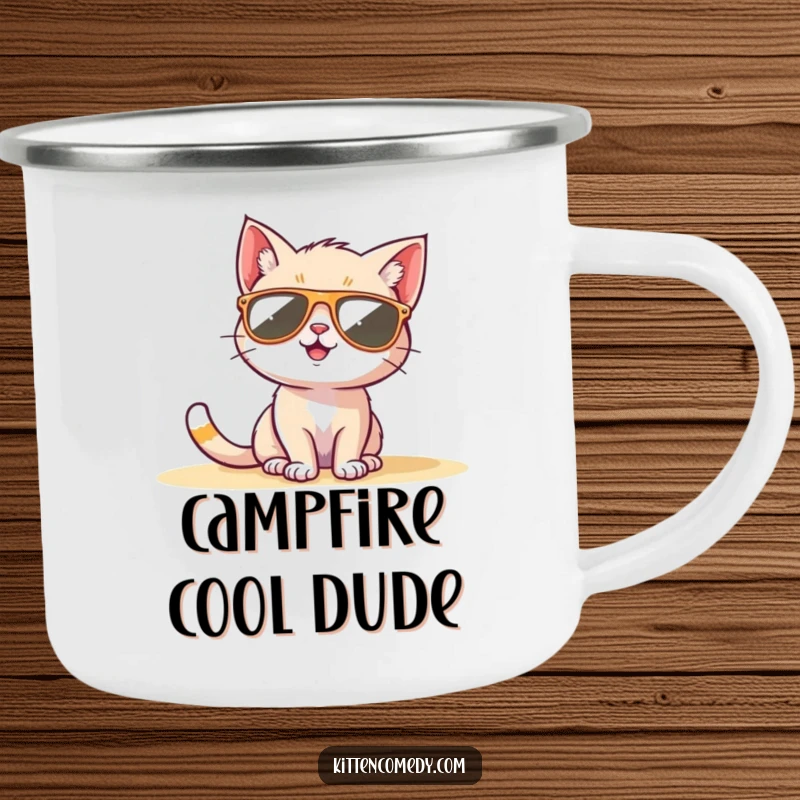 Funny Sunglasses Kitten Camping Mug: A cool kitten in sunglasses sunbathing, ideal for outdoor funny gifts.