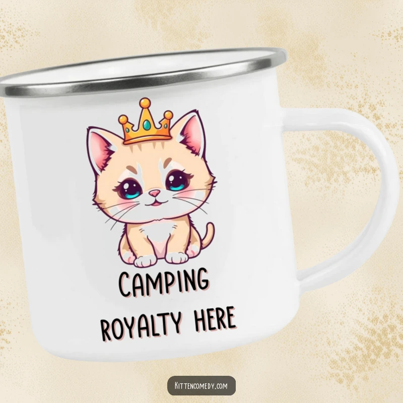 Funny kawaii kitten wearing a tiny crown, looking regal and pleased, durable camping mug.
