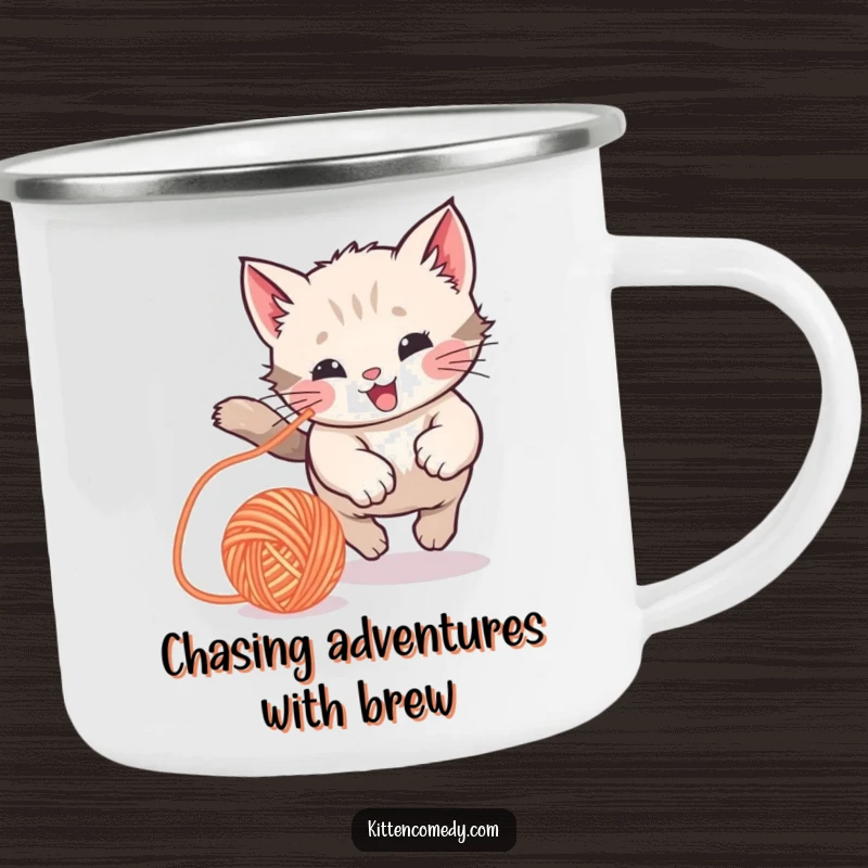Funny Kawaii Kitten Camping Mug: A rustic mug with a kitten chasing a yarn ball, perfect for outdoor playfulness and humor.