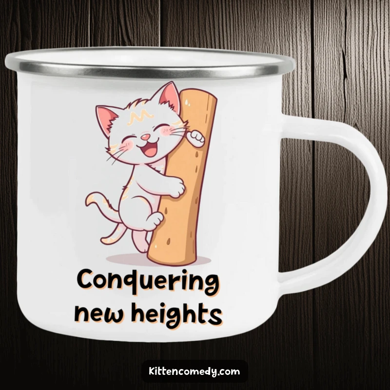 Funny camping mug featuring a kitten gleefully climbing a scratching post. Durable and fun for all outdoor adventures.