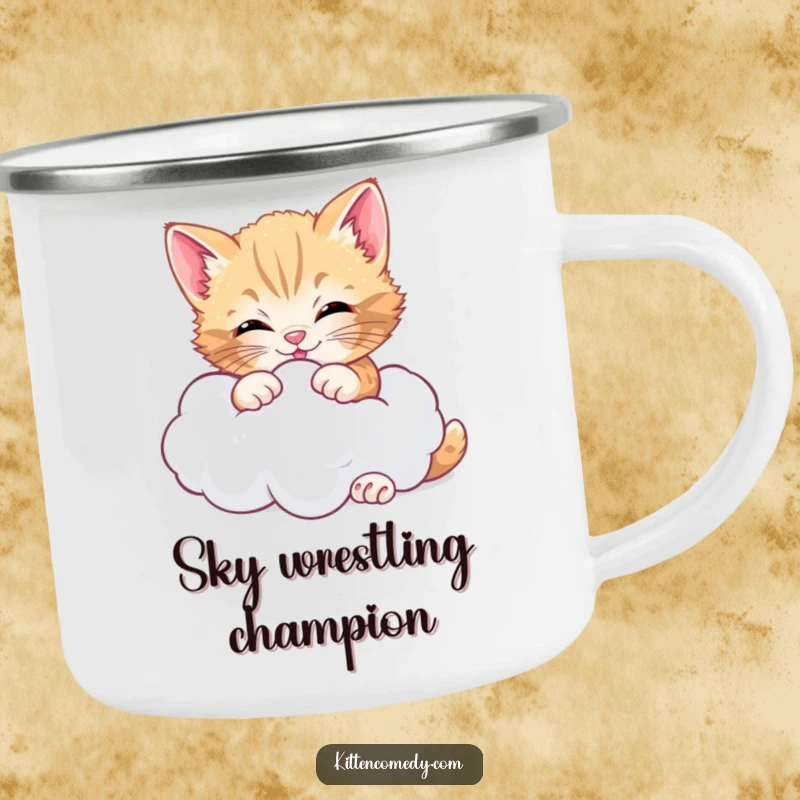 Funny cheerful kitten camping mug, happily wrestling a cloud, bringing playful energy to outdoor drinks.