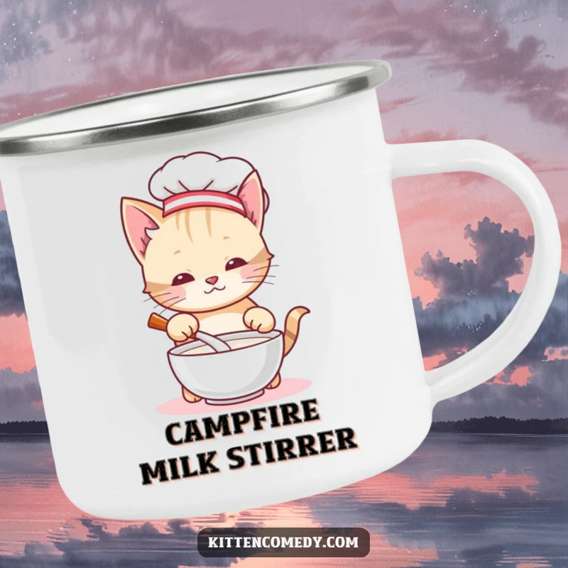 Funny chef kitten camping mug, a cat chef stirring milk, perfect for outdoor adventures, adding humor and warmth to every sip.