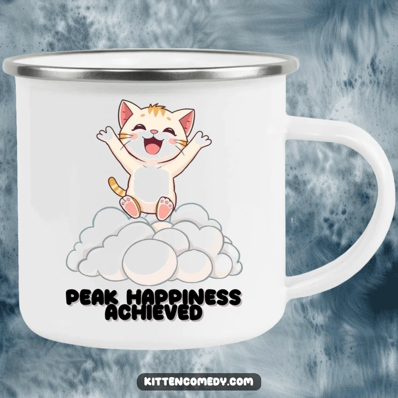 Funny camping mug with an excited kitten leaping into clouds, ideal for outdoor enthusiasts seeking a dose of joy.
