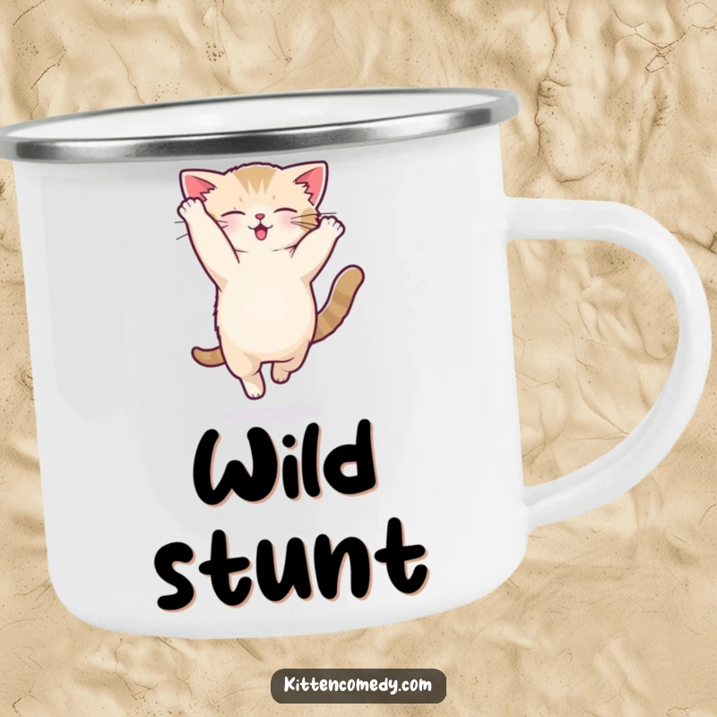 Funny kawaii kitten enamel camping mug showing a cat performing a silly acrobatic flip.
