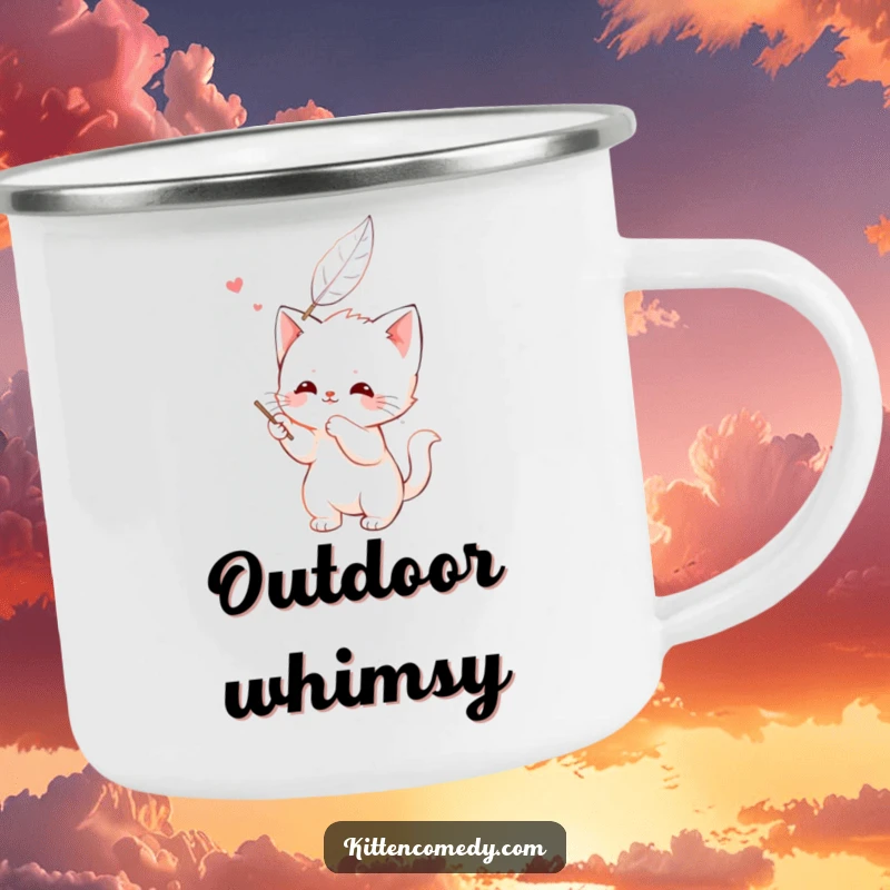 Funny kawaii kitten camping mug, happily batting at a feather, a cute and fun character for outdoor enjoyment.