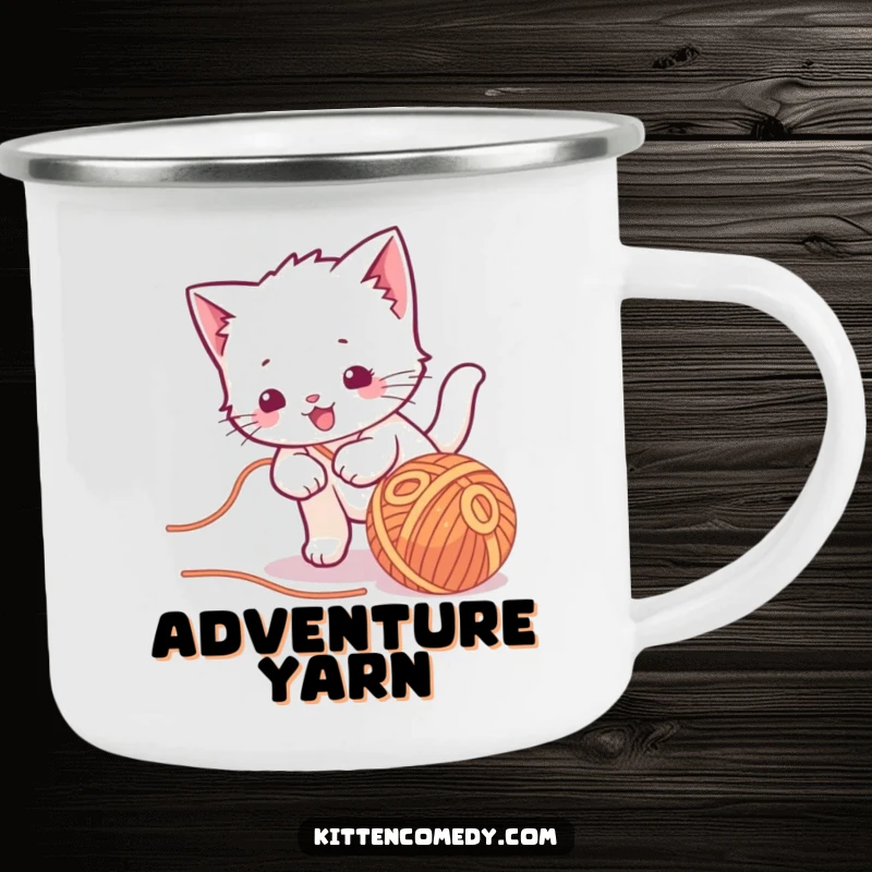 Funny kawaii kitten camping mug, playfully chasing yarn, a cute and fun character for outdoor enjoyment.