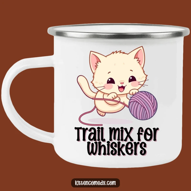 Your trail mix needs a sidekick! This funny camping mug features a kawaii kitten's spirited yarn chase. Rugged, reliable, and riotous.