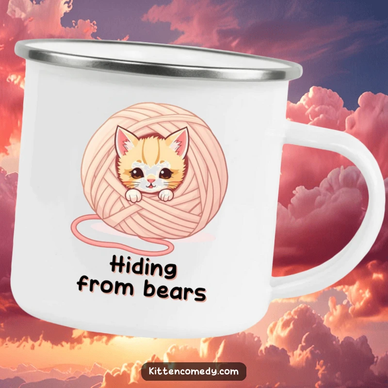 Funny kitten camping mug showing a mischievous kitten peeking from behind a large yarn ball, perfect for outdoor fun and humor.