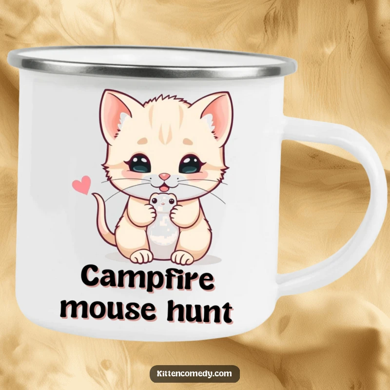 Funny camping mug featuring a kitten offering a toy mouse with a purr, perfect for enjoying cozy outdoor moments.