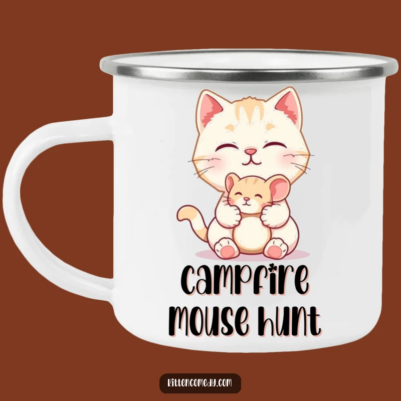 Enjoy your adventures with this sturdy funny camping mug featuring a kitten playfully offering a toy mouse. Perfect for outdoor fun and smiles.