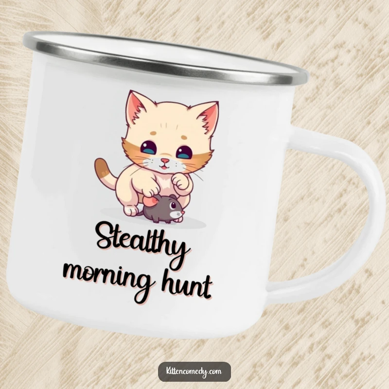 Funny kitten camping mug illustrating a cat's surprise pounce on a toy mouse, perfect for outdoor enthusiasts who enjoy humor and feline antics.
