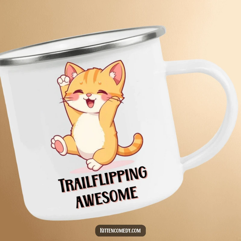Funny Kitten Somersault Camping Mug: A joyful kitten doing a happy somersault with its tail up, a humorous outdoor mug.