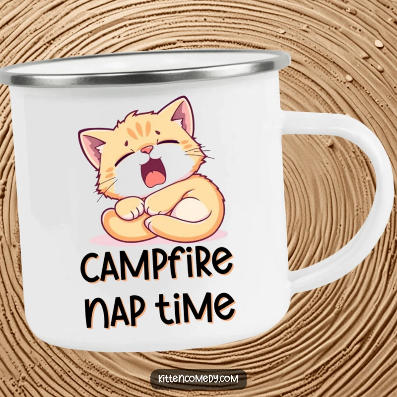Funny Kitten Sunbeam Camping Mug: A tired kitten yawning in a sunbeam, a humorous and durable outdoor mug.